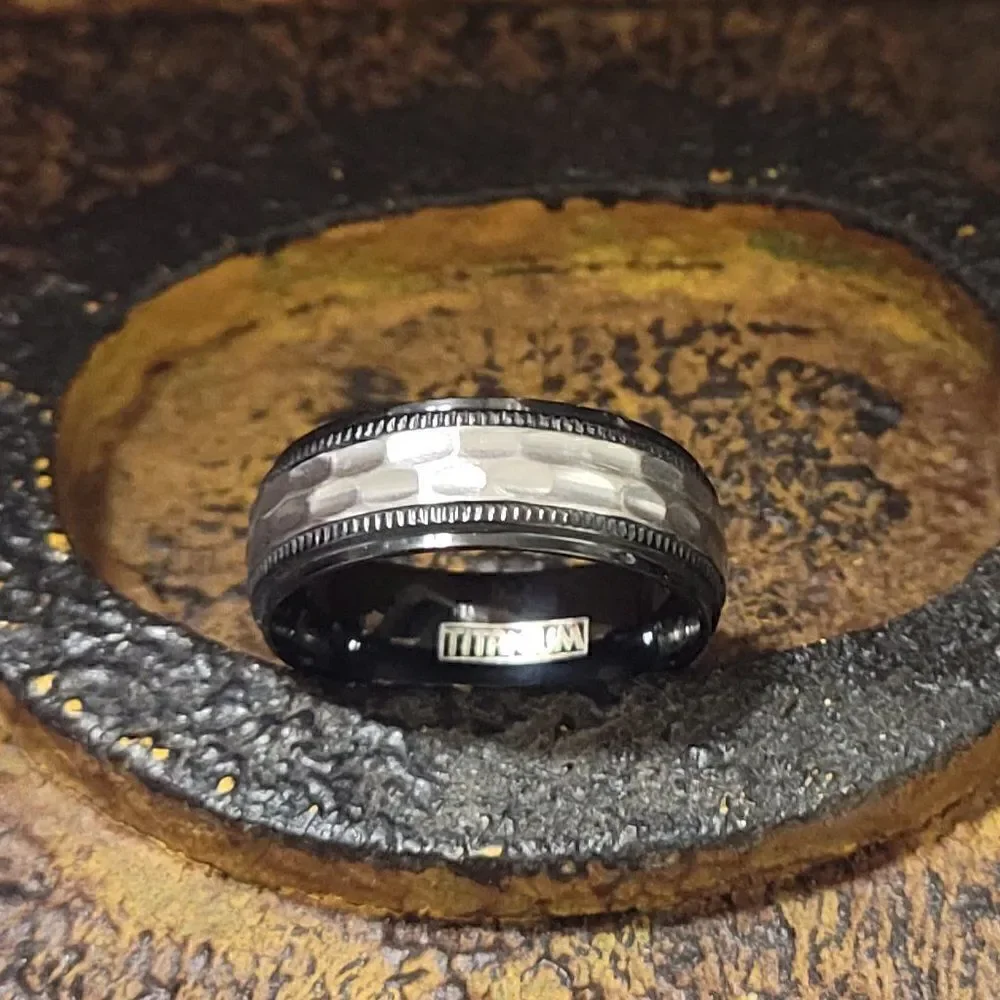 Men's Hammered Titanium Promise Ring Band - Black and Silver Hammered Titanium